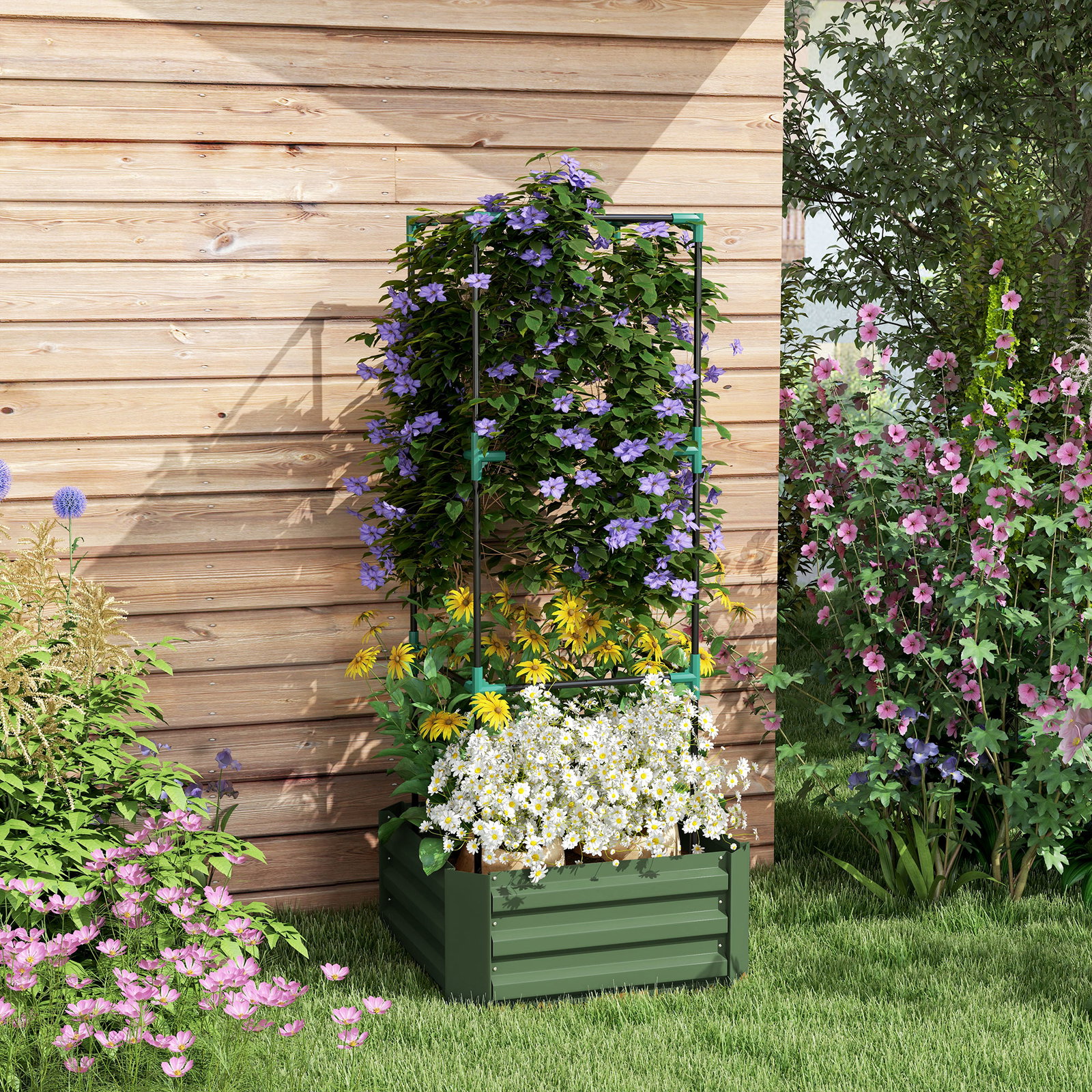 Floreira grande com treliça e base aberta para plantas trepadoras 61x61x140 cm verde