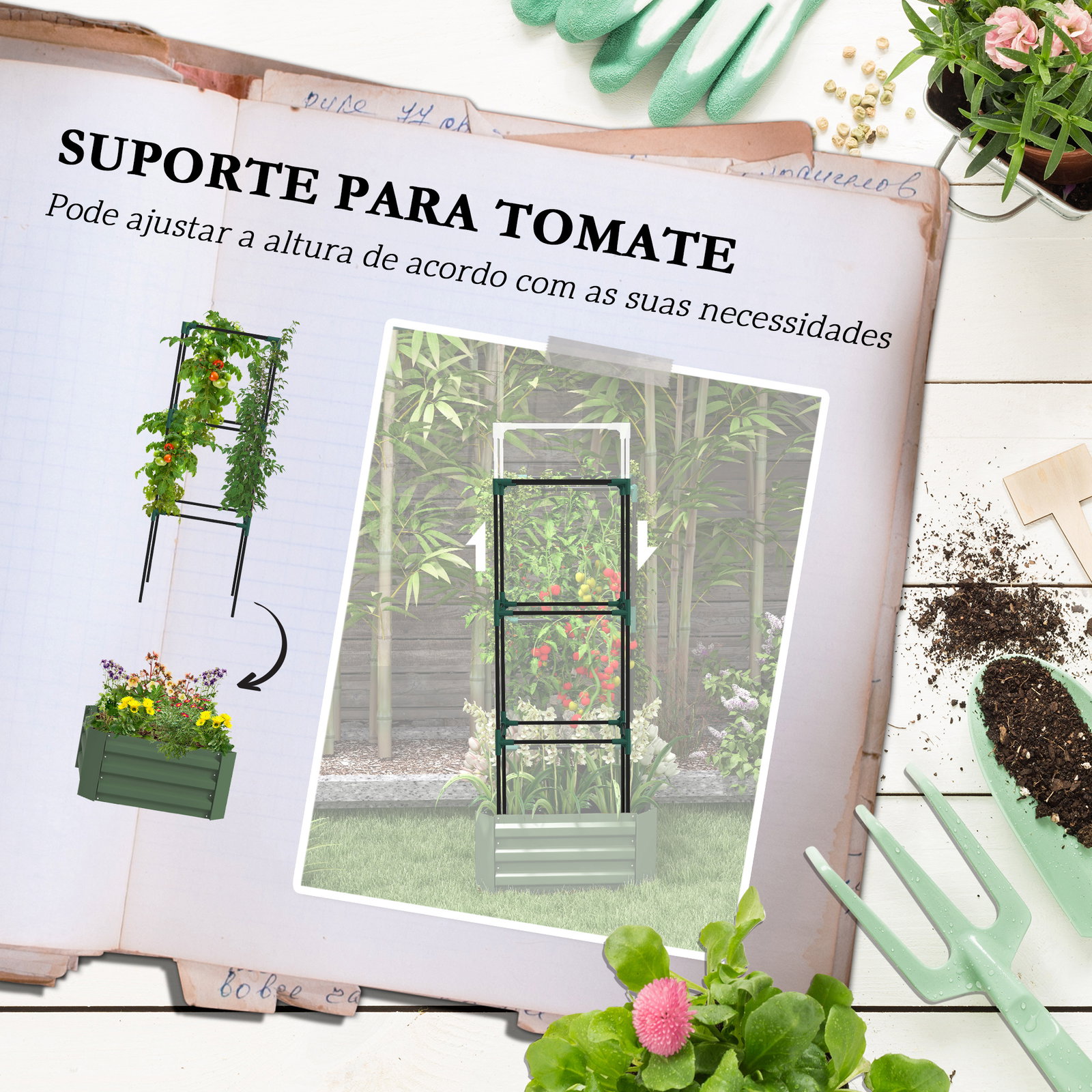 Floreira grande com treliça e base aberta para plantas trepadoras 61x61x140 cm verde