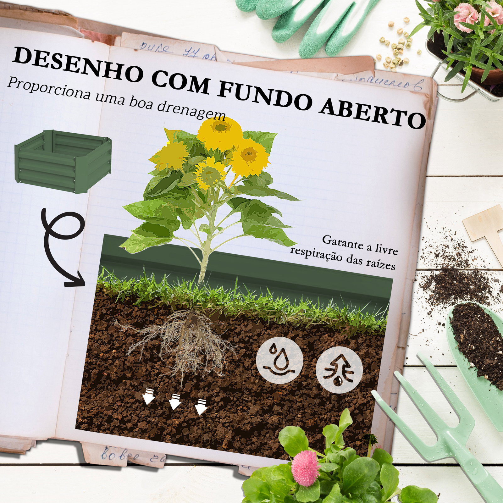 Floreira grande com treliça e base aberta para plantas trepadoras 61x61x140 cm verde