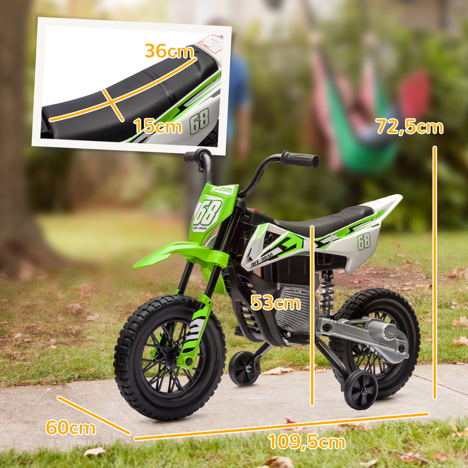 Mota elétrica para crianças com bateria 12v música velocidade 2,4-5 km/h e rodas auxiliares 107x56x70 cm verde