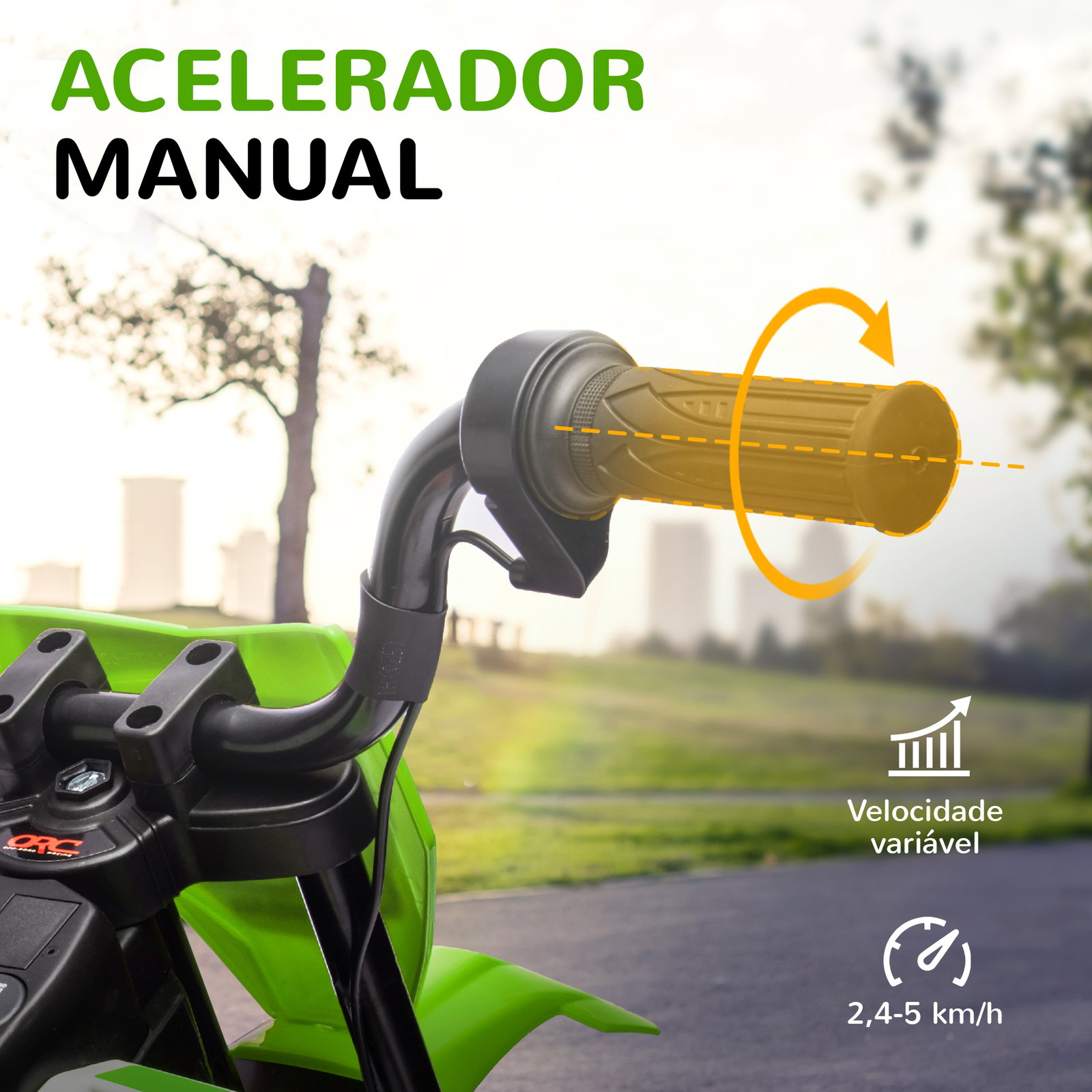 Mota elétrica para crianças com bateria 12v música velocidade 2,4-5 km/h e rodas auxiliares 107x56x70 cm verde