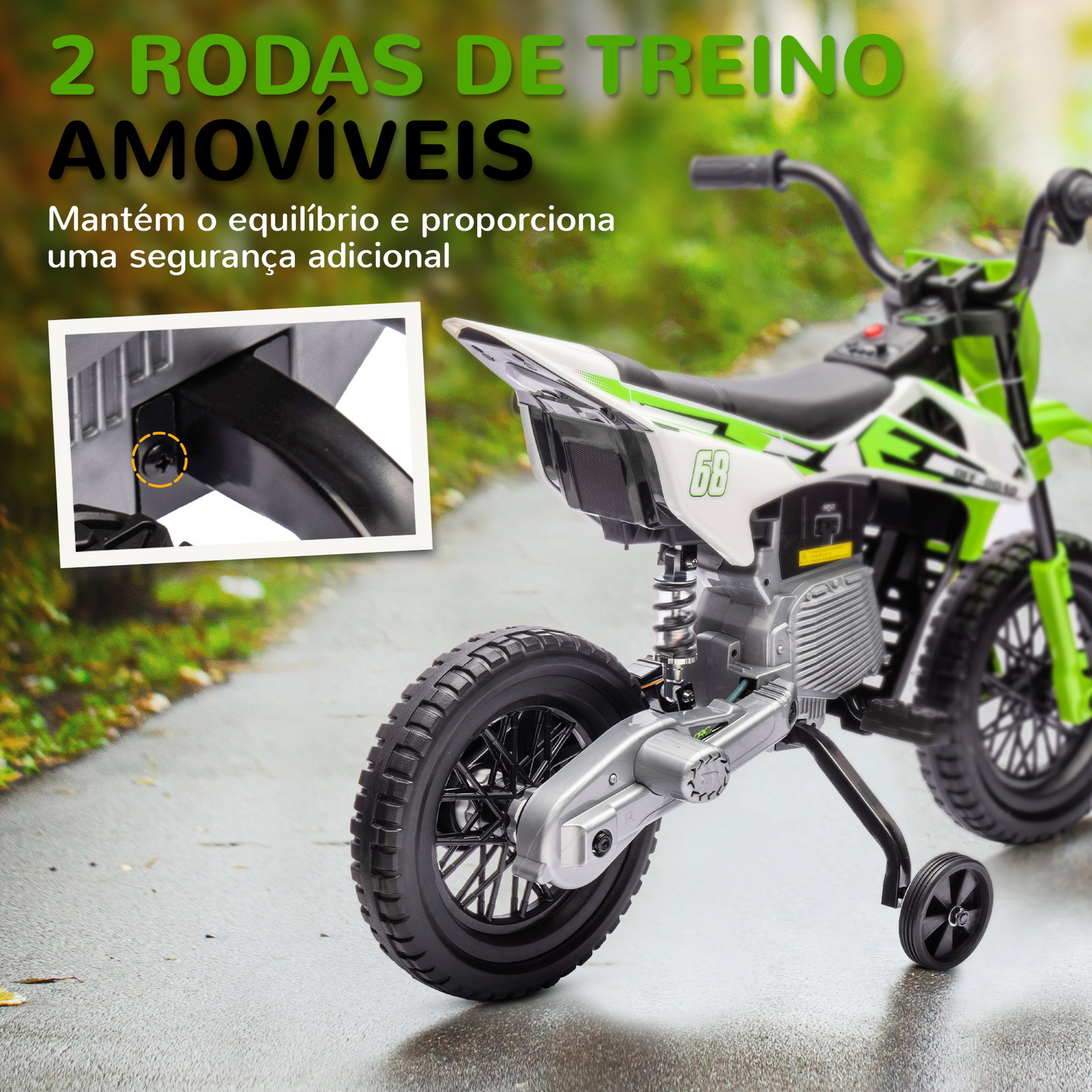 Mota elétrica para crianças com bateria 12v música velocidade 2,4-5 km/h e rodas auxiliares 107x56x70 cm verde