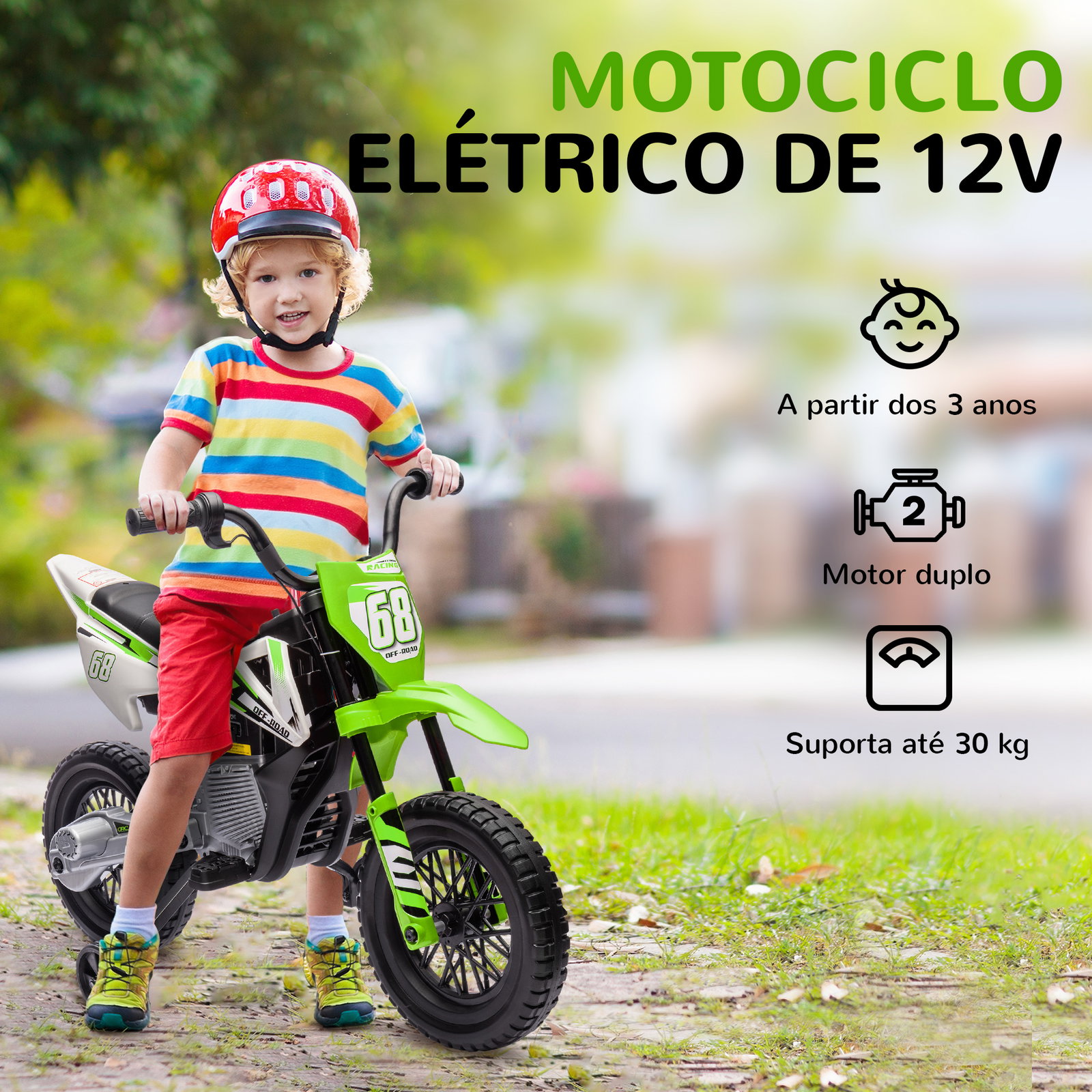 Mota elétrica para crianças com bateria 12v música velocidade 2,4-5 km/h e rodas auxiliares 107x56x70 cm verde