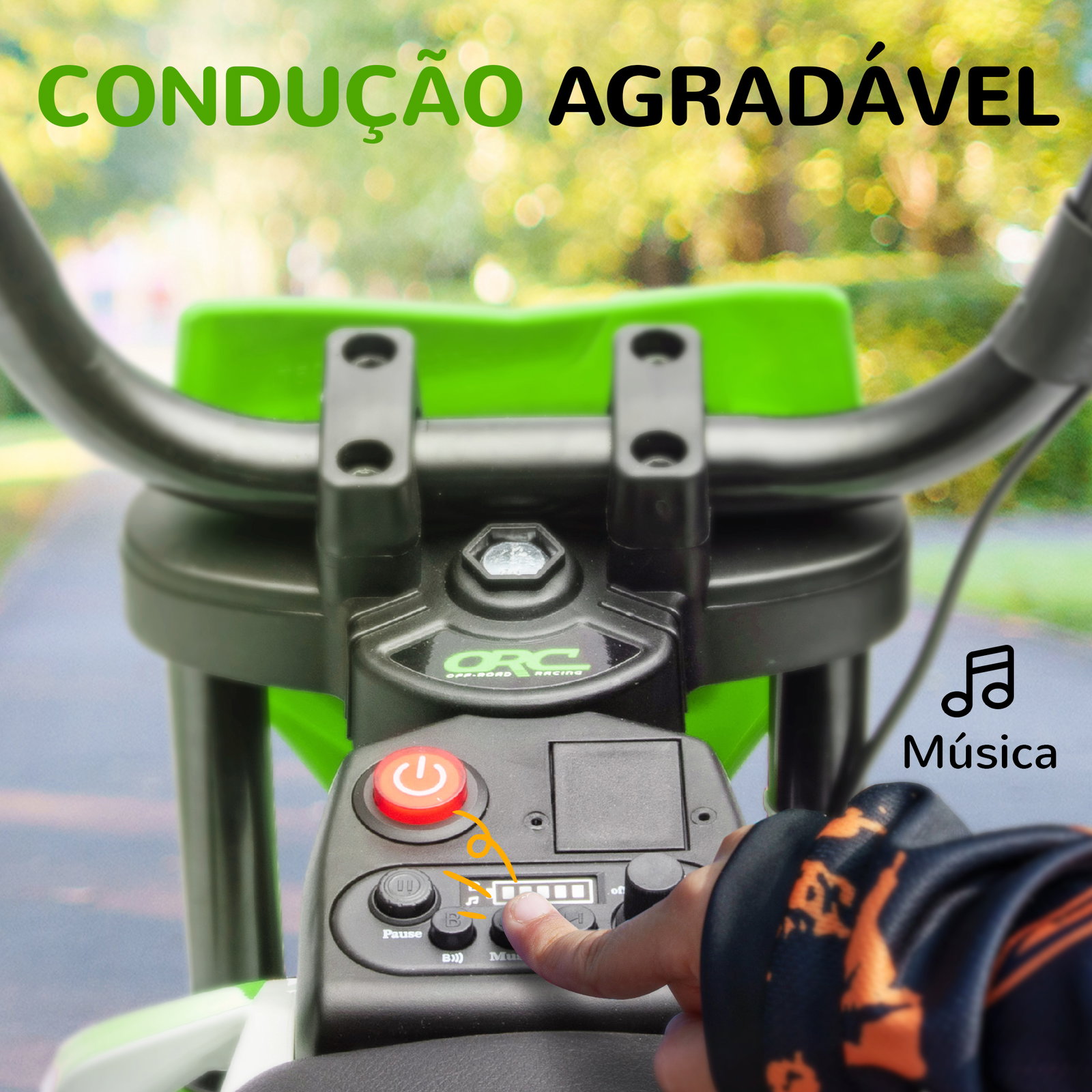 Mota elétrica para crianças com bateria 12v música velocidade 2,4-5 km/h e rodas auxiliares 107x56x70 cm verde