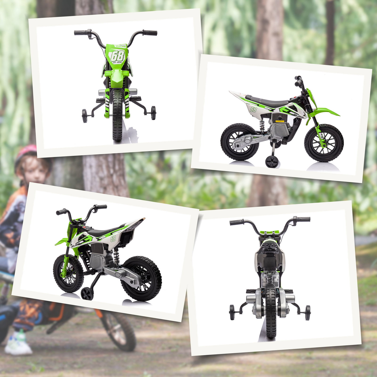Mota elétrica para crianças com bateria 12v música velocidade 2,4-5 km/h e rodas auxiliares 107x56x70 cm verde