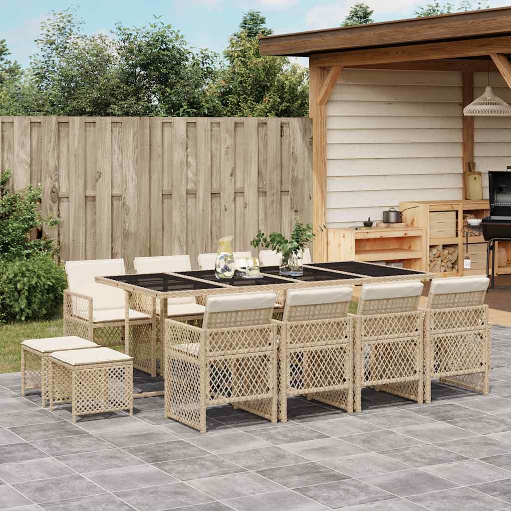13 Pcs conjunto de jantar p/ jardim com almofadões vime PE bege