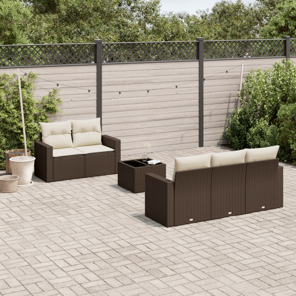 6 Pcs conjunto de sofás jardim c/ almofadões vime PE castanho
