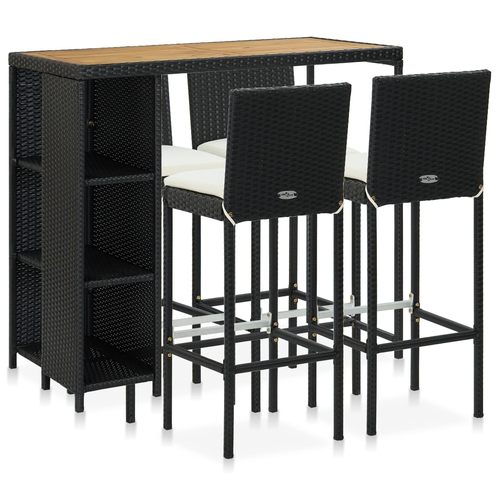 5 Pcs conjunto de bar p/ jardim c/ almofadões vime PE preto