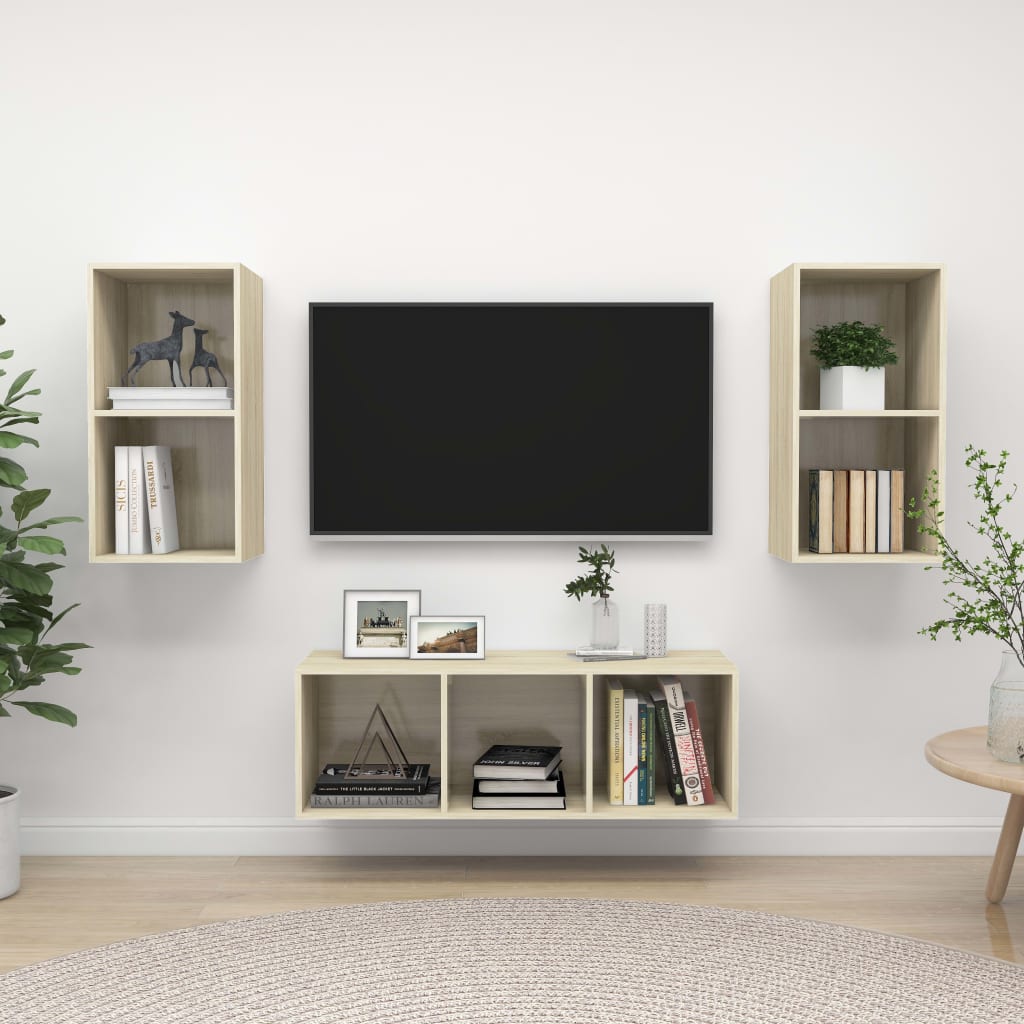3 Pcs conjunto móveis de TV derivados madeira carvalho sonoma