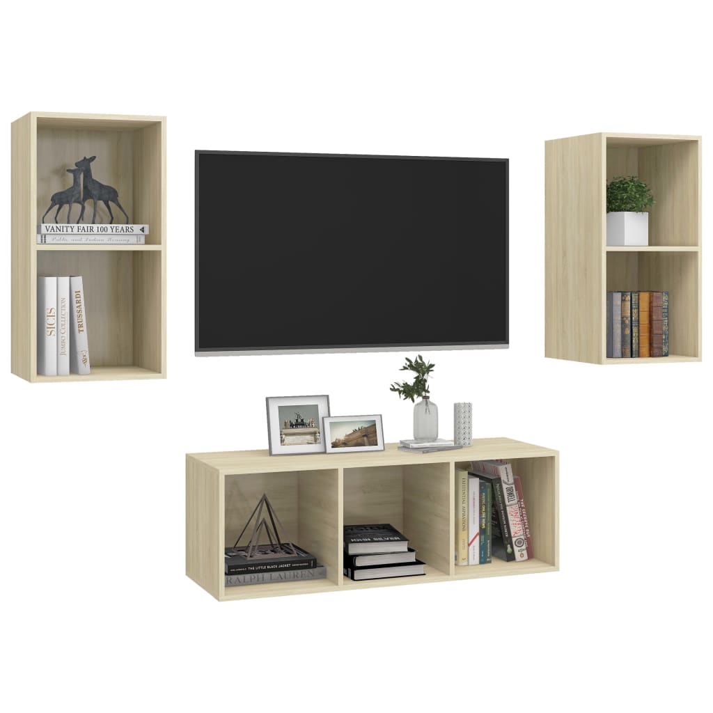 3 Pcs conjunto móveis de TV derivados madeira carvalho sonoma