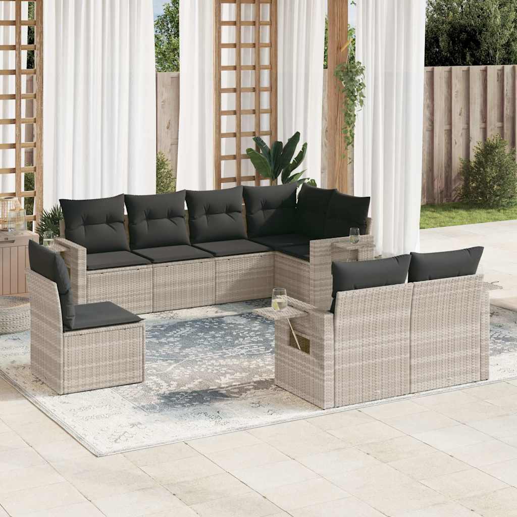 8 Pcs conj. sofás jardim c/ almofadões vime PE cinzento-claro