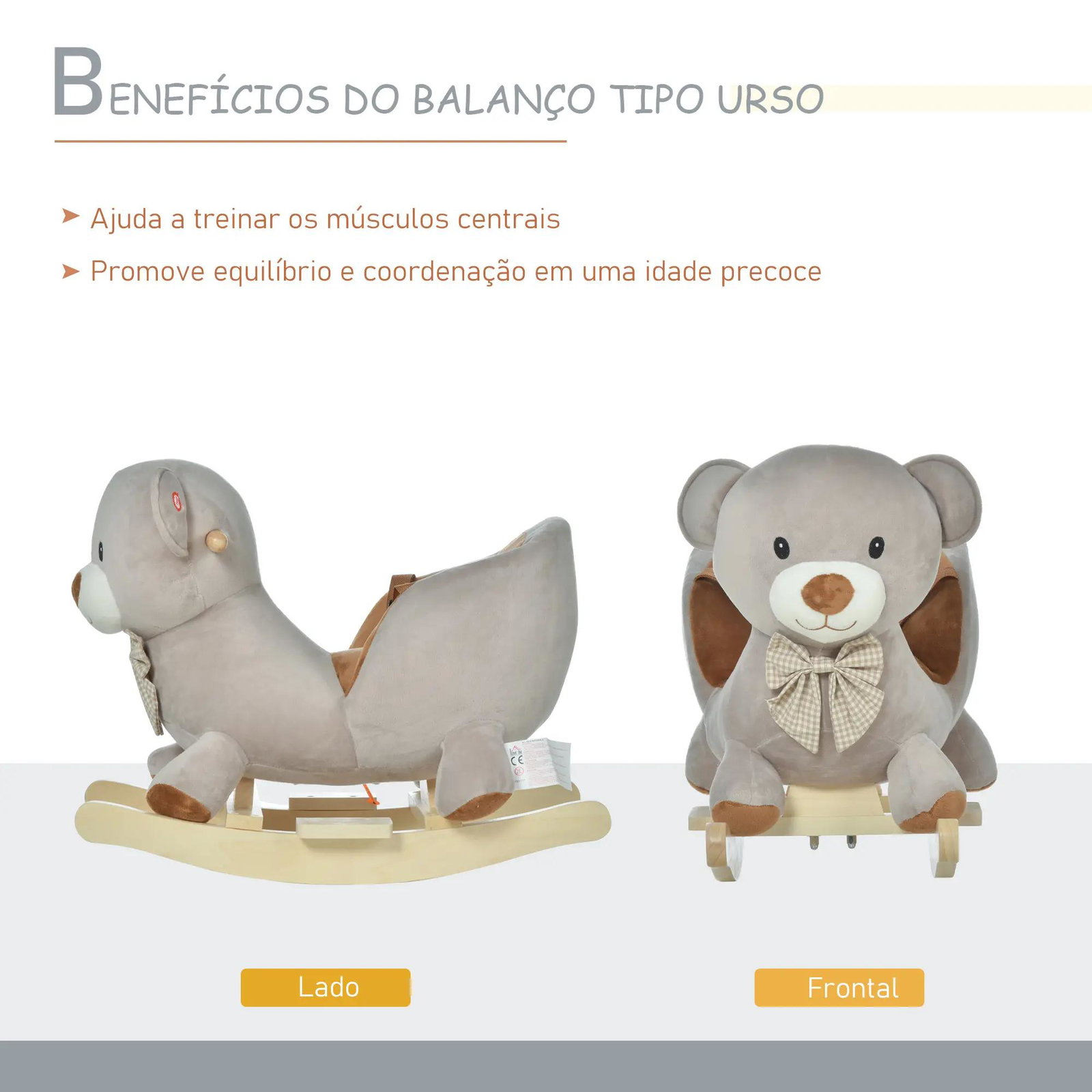 Cavalo de balanço com forma de urso para bebê acima de 18 meses com som 60x33x50