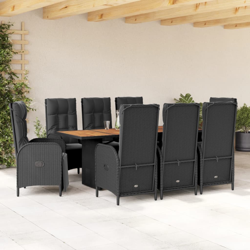 9 Pcs conjunto de jantar p/ jardim c/ almofadões vime PE preto