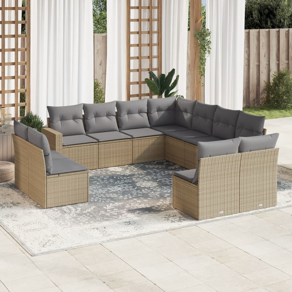 11 Pcs conjunto sofás de jardim c/ almofadões vime PE bege