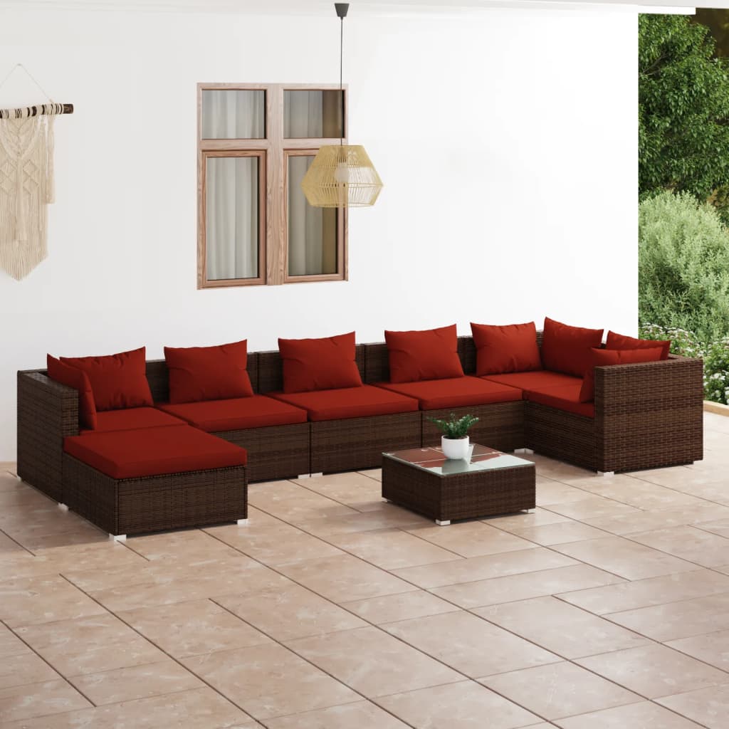 8 Pcs conjunto lounge jardim c/ almofadões vime PE castanho