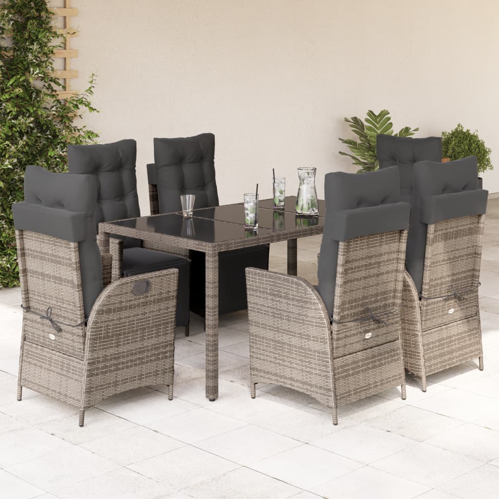7 Pcs conjunto de jantar p/ jardim c/ almofadões vime PE cinza