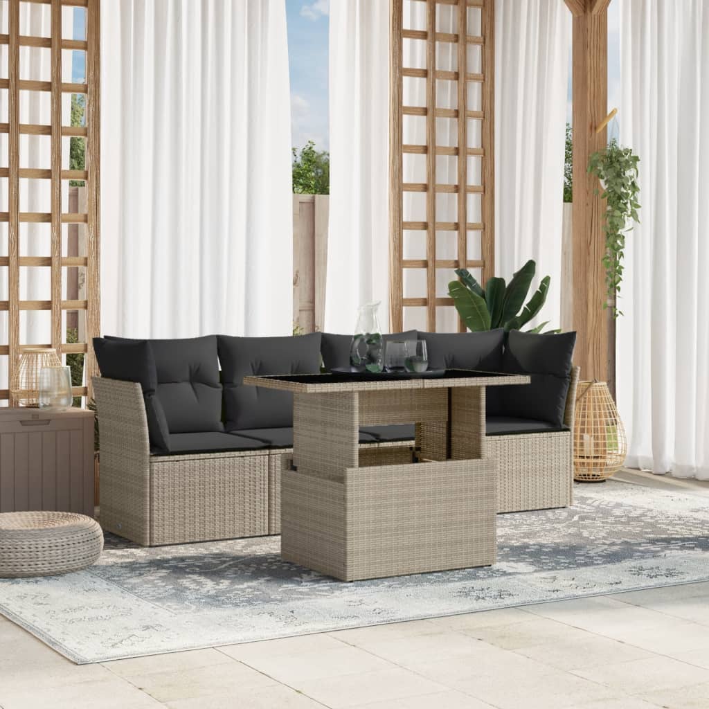 5 Pcs conj. sofás jardim c/ almofadões vime PE cinzento-claro