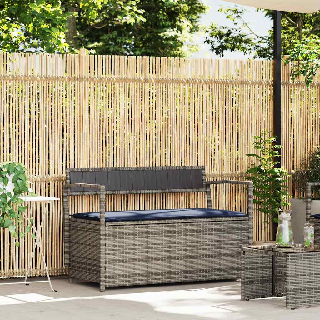 Banco de jardim com espaço de armazenamento e almofada, em rattan sintético cinza, da
