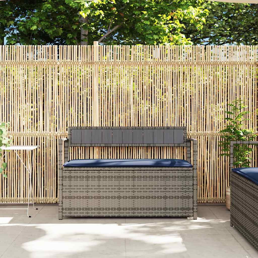 Banco de jardim com espaço de armazenamento e almofada, em rattan sintético cinza, da
