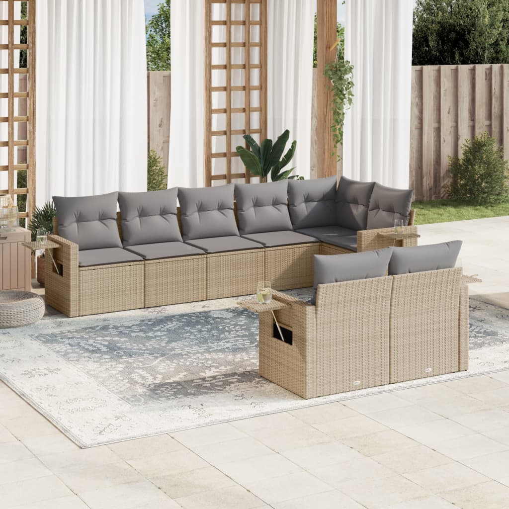 8 Pcs conjunto de sofás p/ jardim com almofadões vime PE bege