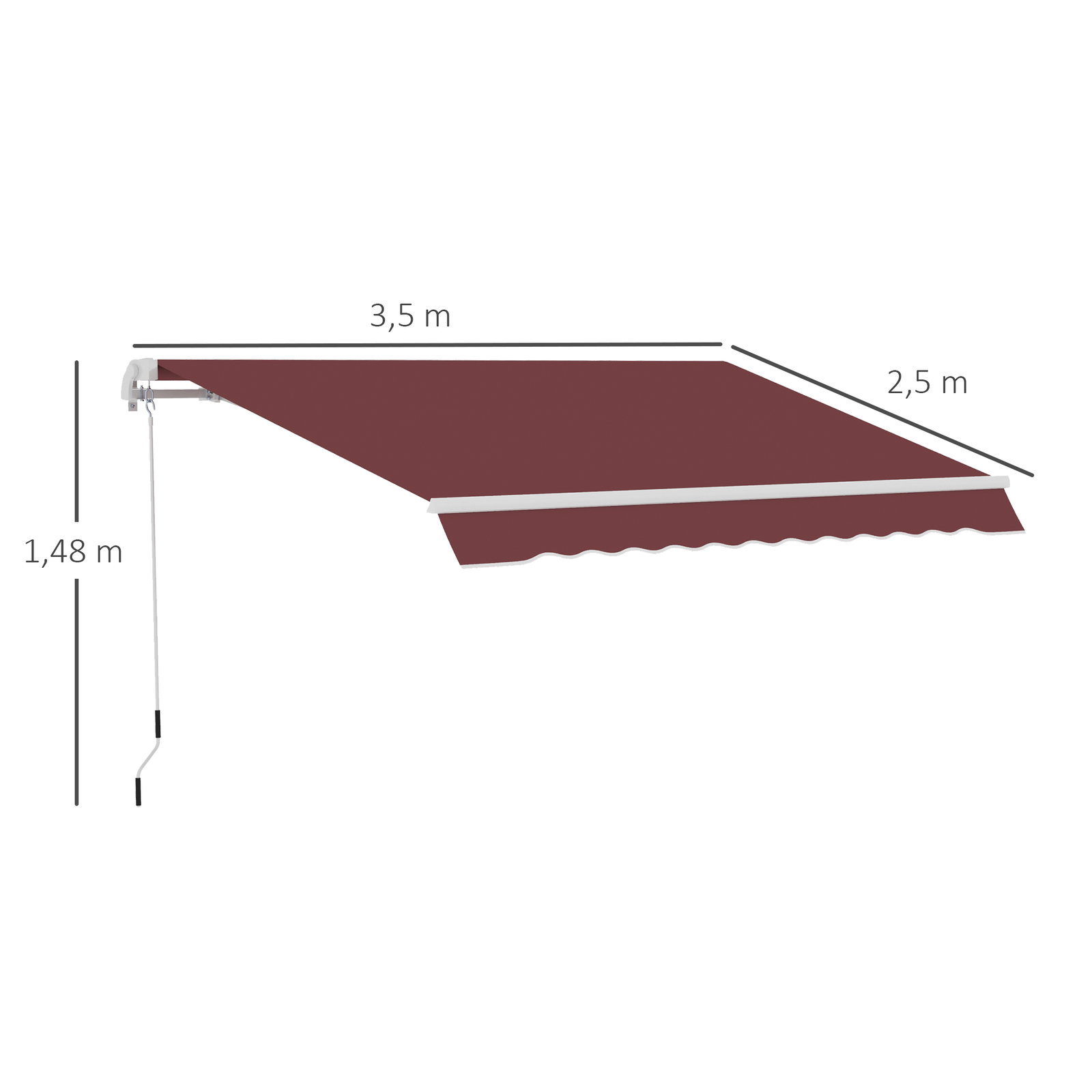 Toldo Manual Retrátil 3,5x2,5 m com Ângulo Ajustável Manivela, Estrutura de Alumínio e Proteção UPF30+ Vinho Tinto