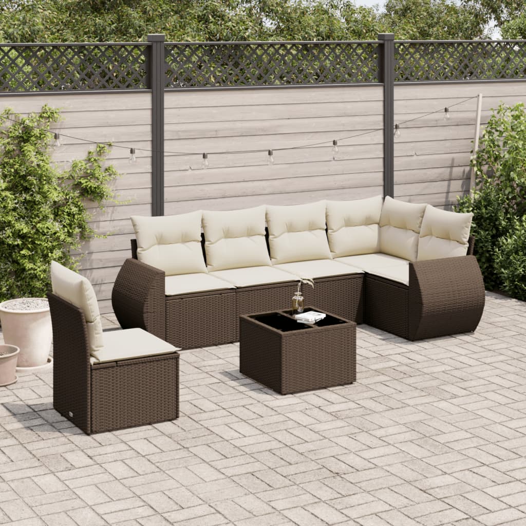 7 Pcs conjunto de sofás jardim c/ almofadões vime PE castanho