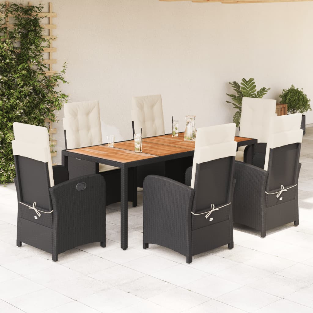 7 Pcs conjunto de jantar p/ jardim c/ almofadões vime PE preto
