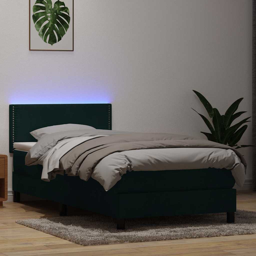 Cama box spring c/ colchão e LED verde-escuro 80x220 cm veludo