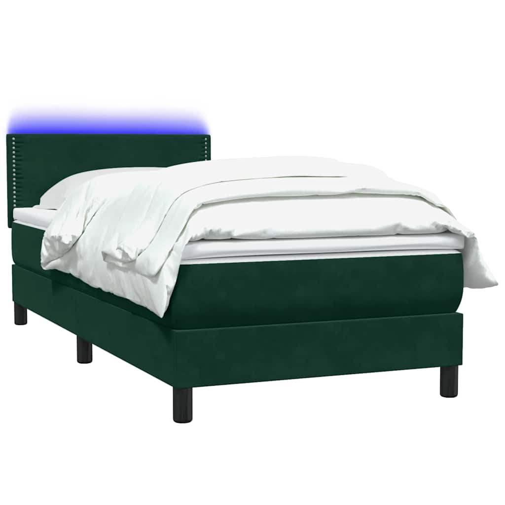Cama box spring c/ colchão e LED verde-escuro 80x220 cm veludo