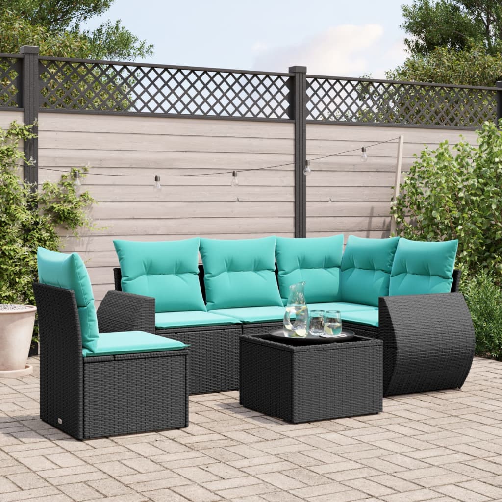 Conjunto de sofá de jardim com 6 peças e almofadas em rattan sintético preto
