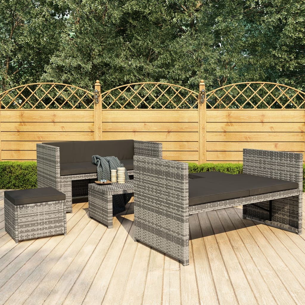 5 Pcs conjunto lounge de jardim c/ almofadões vime PE cinzento