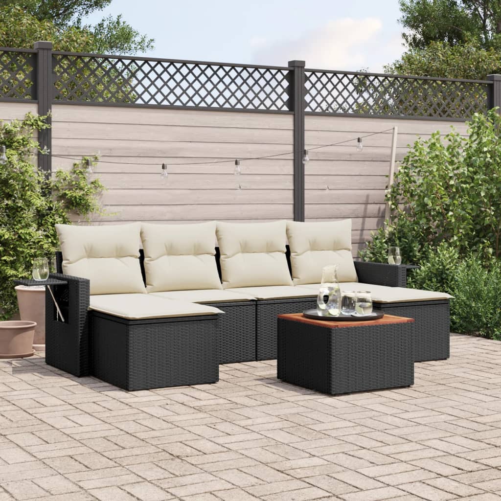 7 Pcs conjunto de sofás p/ jardim c/ almofadões vime PE preto