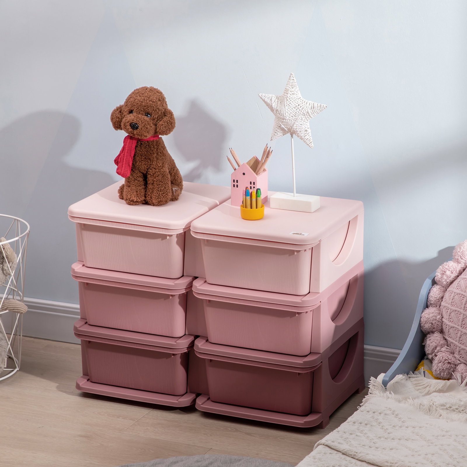 Organizador de brinquedos com 6 gavetas para crianças com bordas arredondadas e pegas 75x37x56,5 cm rosa