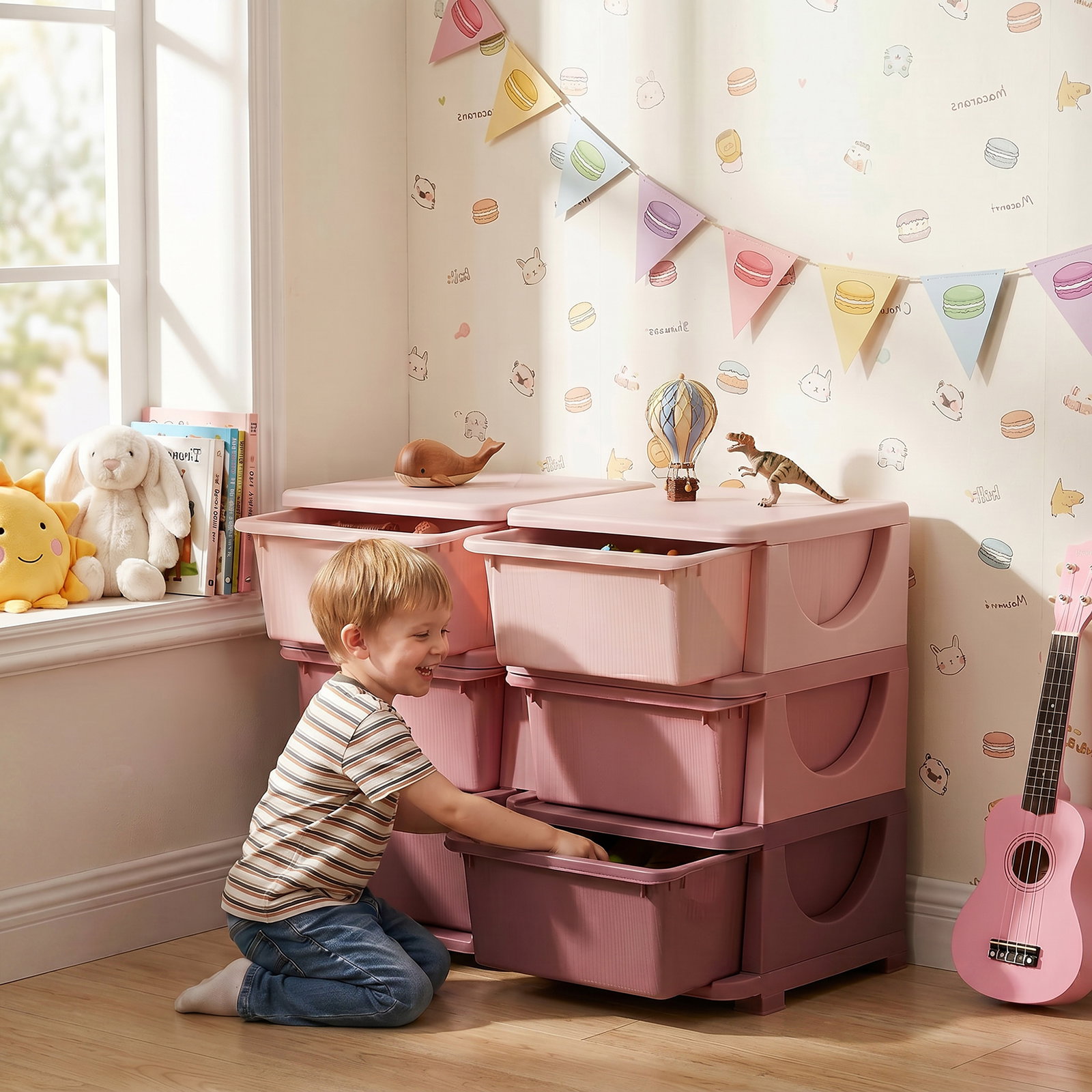 Organizador de brinquedos com 6 gavetas para crianças com bordas arredondadas e pegas 75x37x56,5 cm rosa