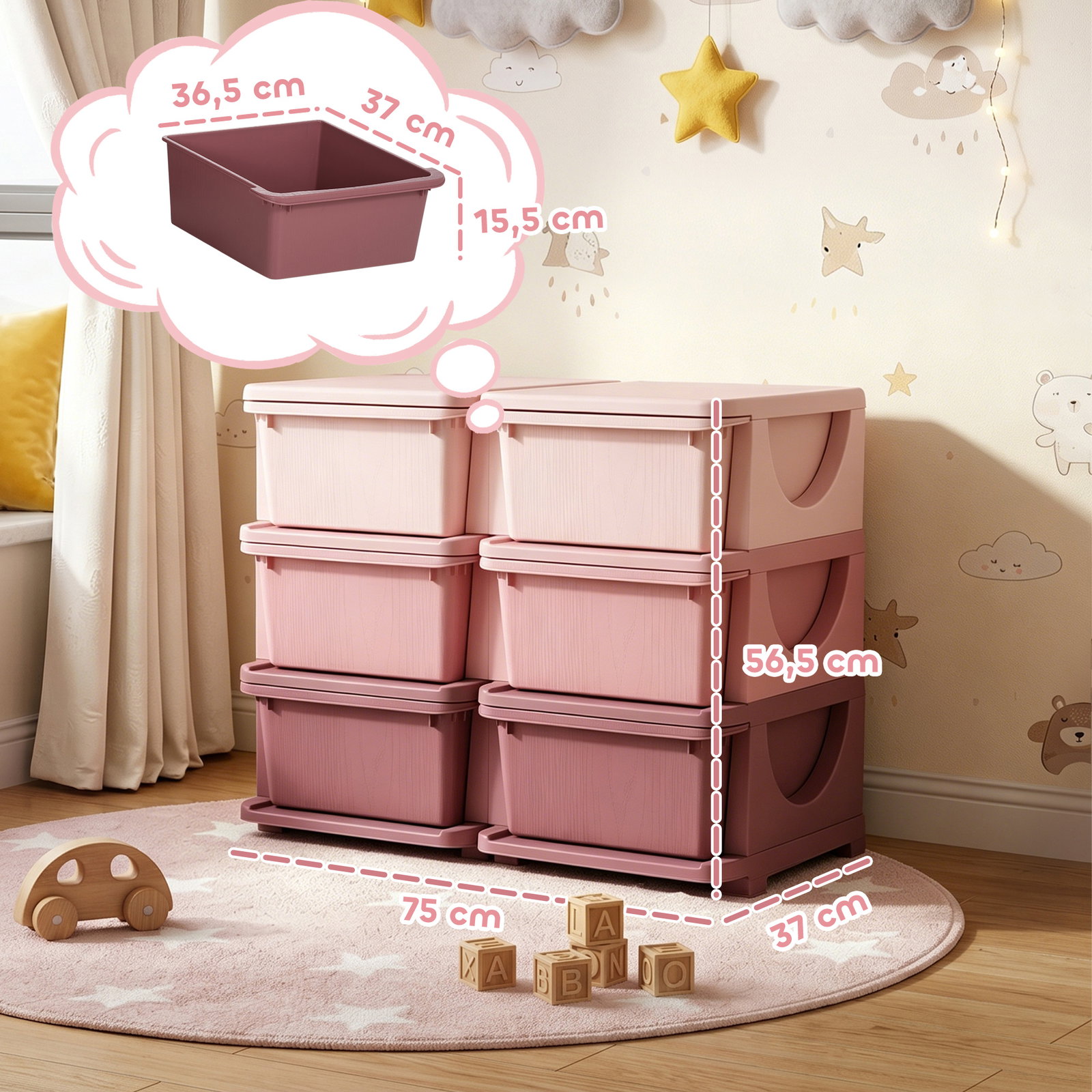 Organizador de brinquedos com 6 gavetas para crianças com bordas arredondadas e pegas 75x37x56,5 cm rosa