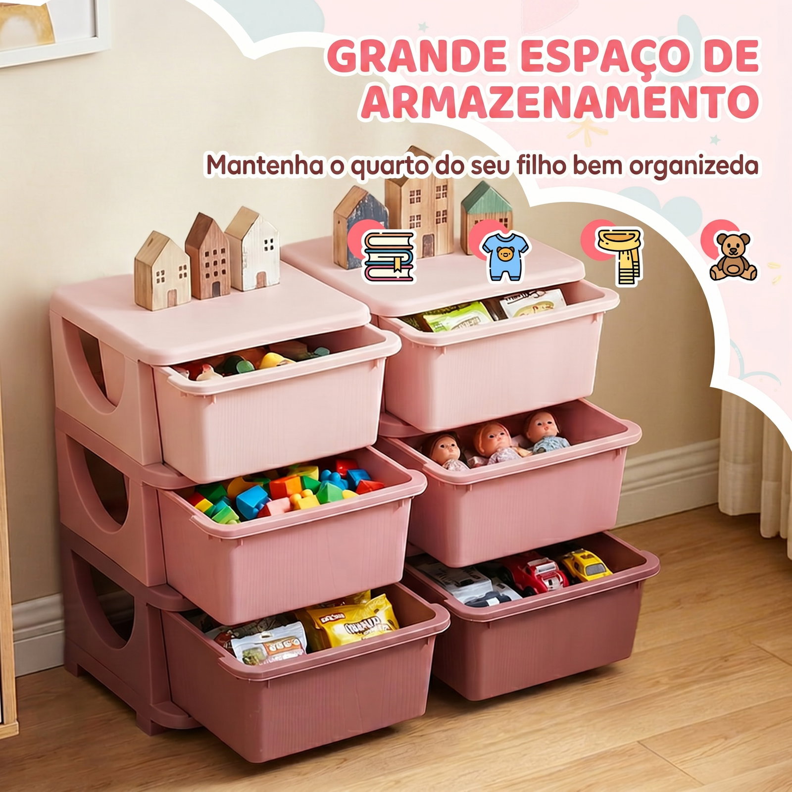 Organizador de brinquedos com 6 gavetas para crianças com bordas arredondadas e pegas 75x37x56,5 cm rosa