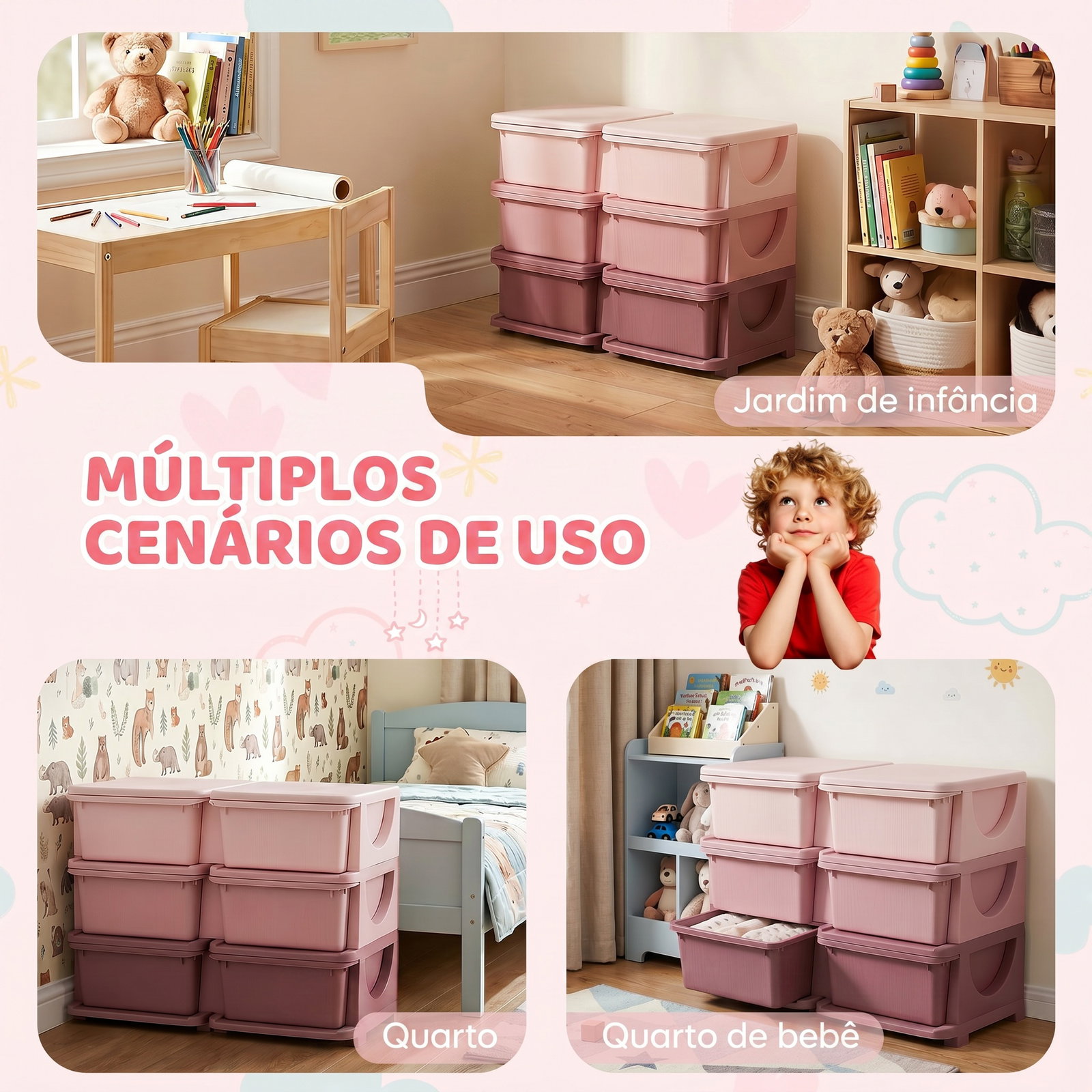 Organizador de brinquedos com 6 gavetas para crianças com bordas arredondadas e pegas 75x37x56,5 cm rosa