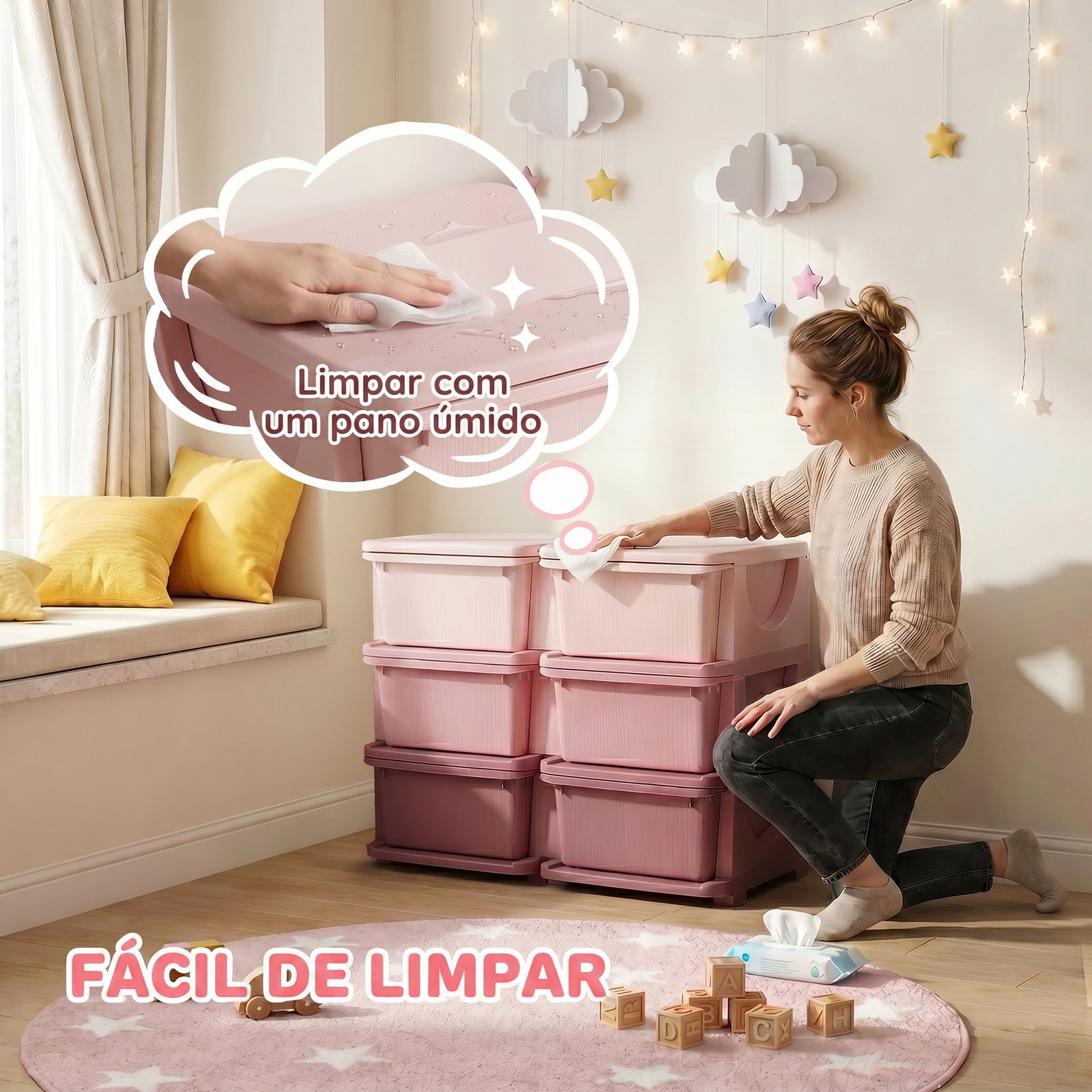 Organizador de brinquedos com 6 gavetas para crianças com bordas arredondadas e pegas 75x37x56,5 cm rosa