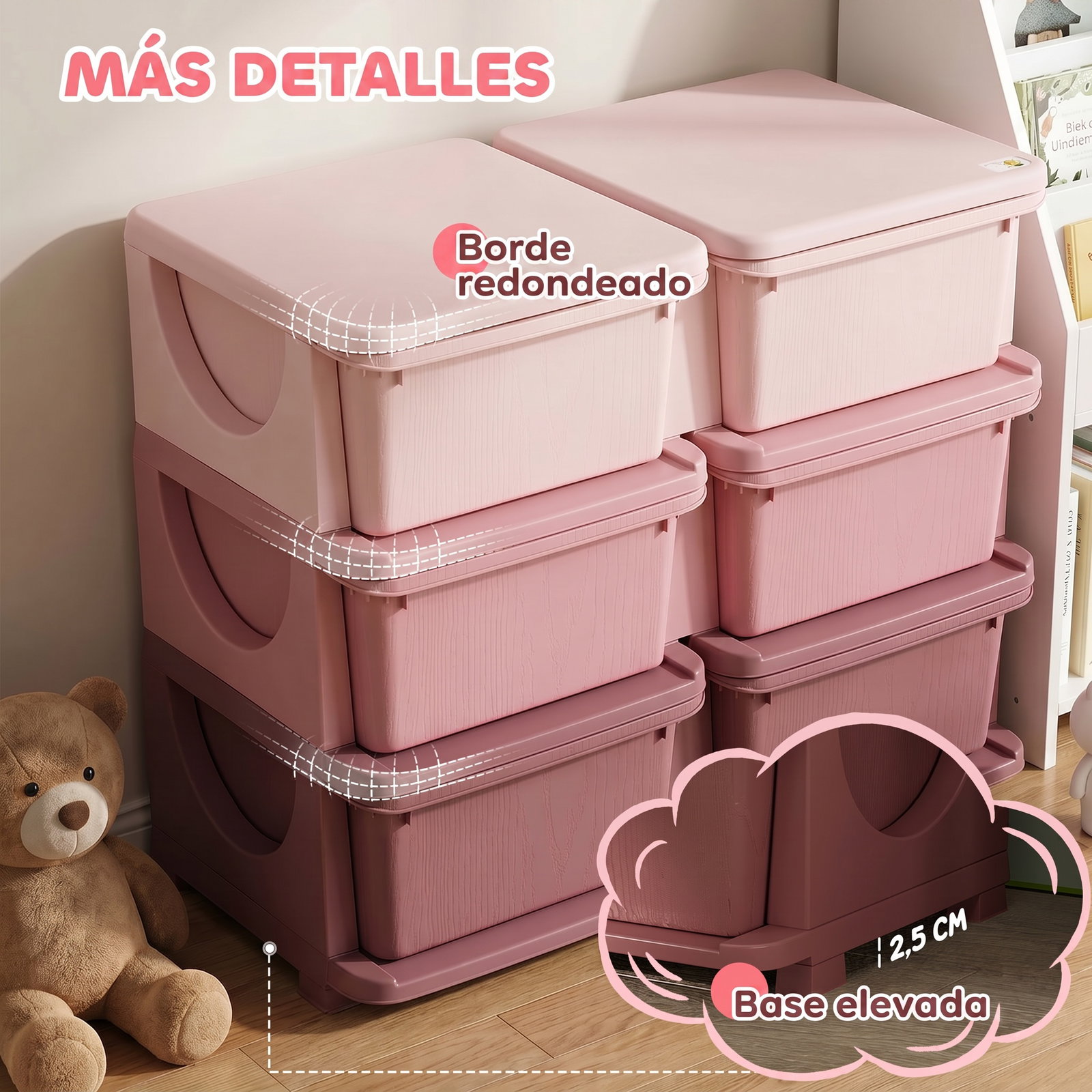 Organizador de brinquedos com 6 gavetas para crianças com bordas arredondadas e pegas 75x37x56,5 cm rosa