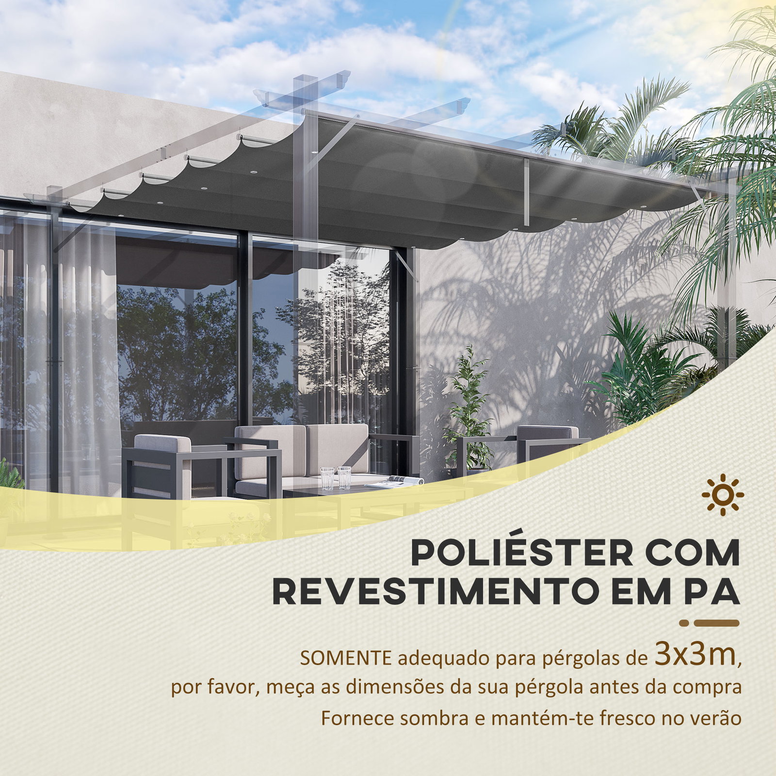 Cobertura para pérgola 2,5x2,55 m teto de substituição retrátil para pérgola com 10 orifícios de drenagem cinza escuro