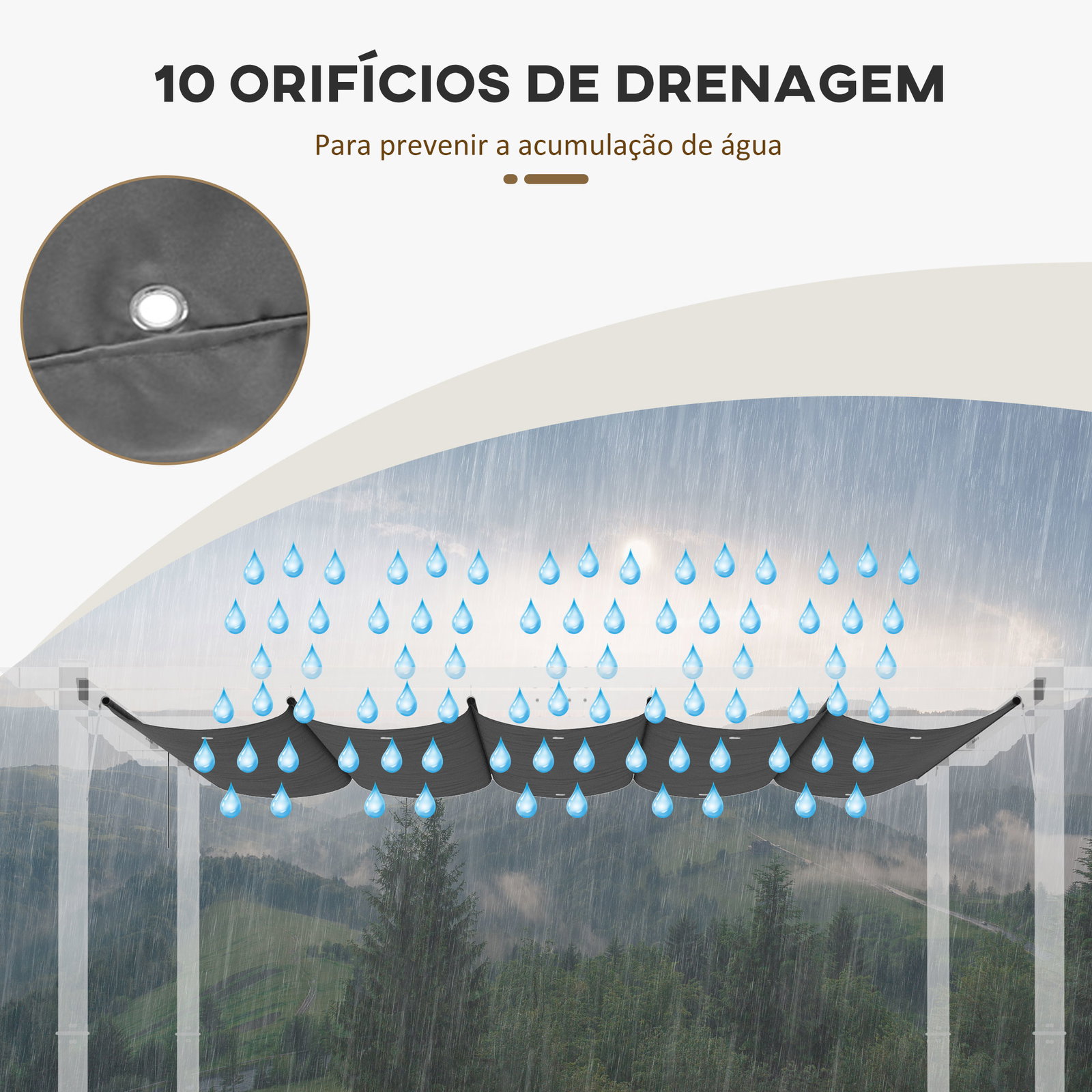 Cobertura para pérgola 2,5x2,55 m teto de substituição retrátil para pérgola com 10 orifícios de drenagem cinza escuro