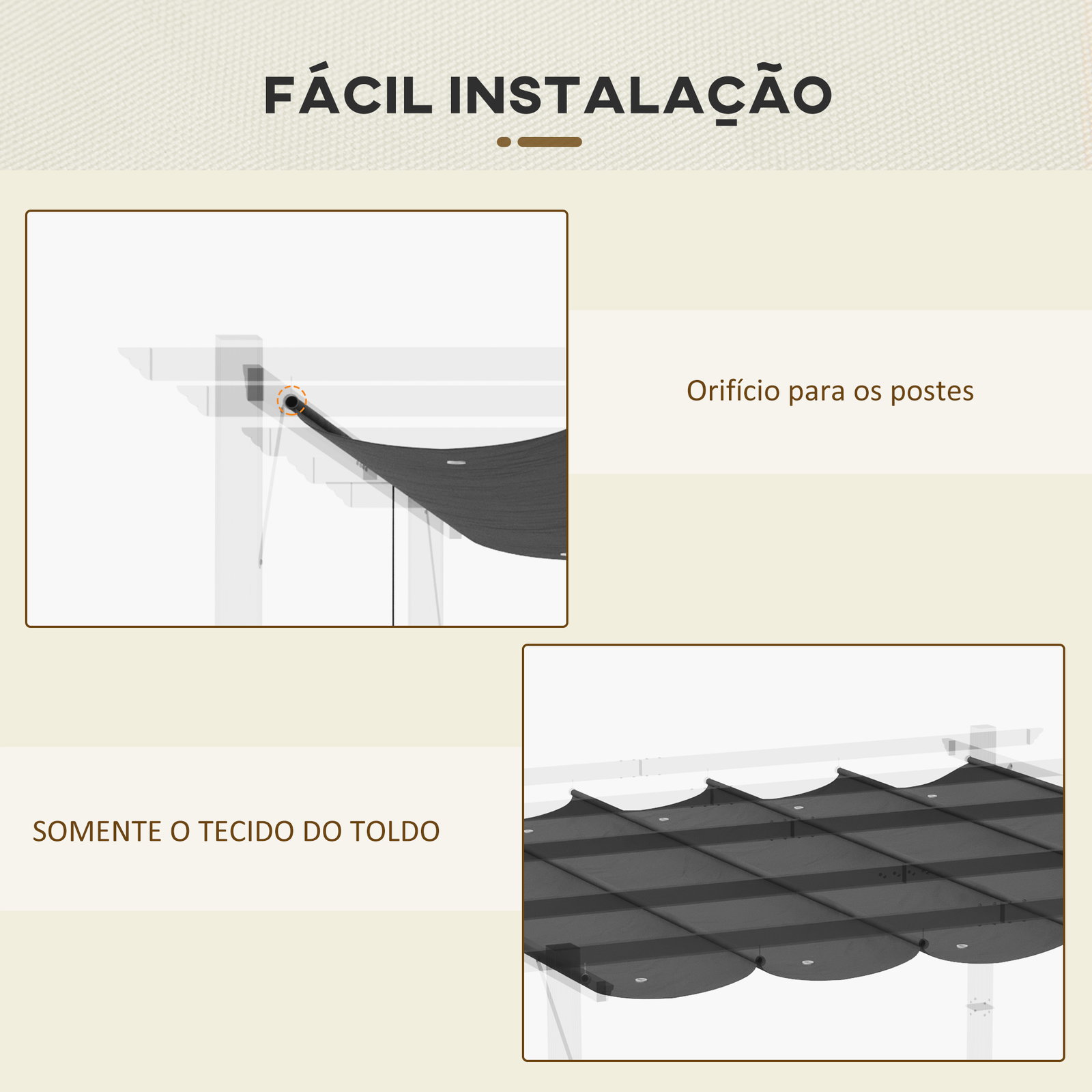 Cobertura para pérgola 2,5x2,55 m teto de substituição retrátil para pérgola com 10 orifícios de drenagem cinza escuro