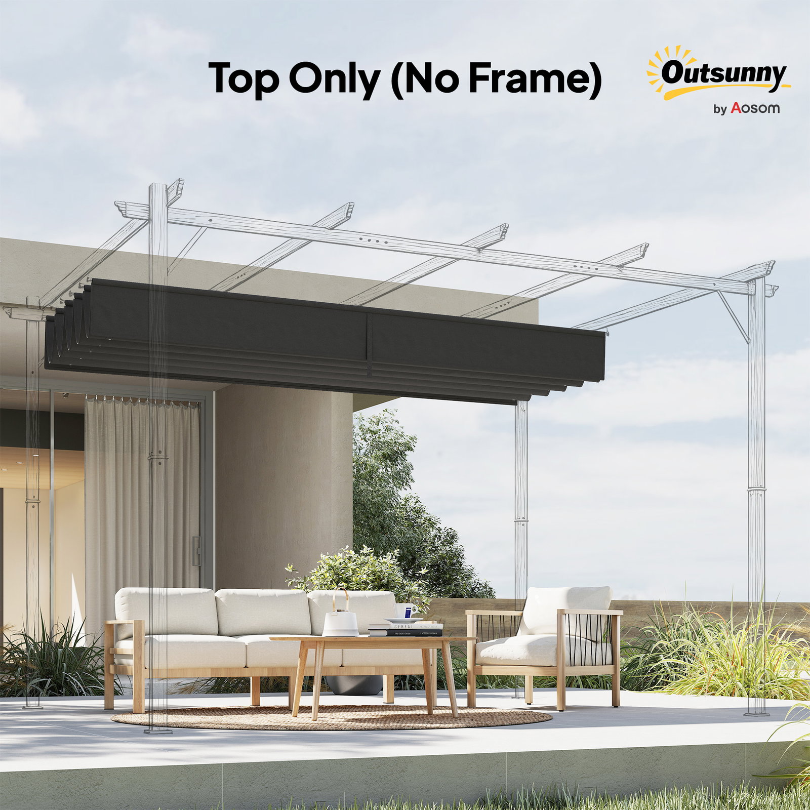 Cobertura para pérgola 2,5x2,55 m teto de substituição retrátil para pérgola com 10 orifícios de drenagem cinza escuro