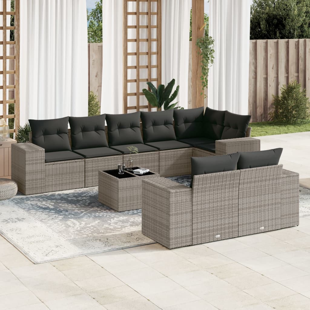 9 Pcs conjunto sofás p/ jardim com almofadões vime PE cinzento