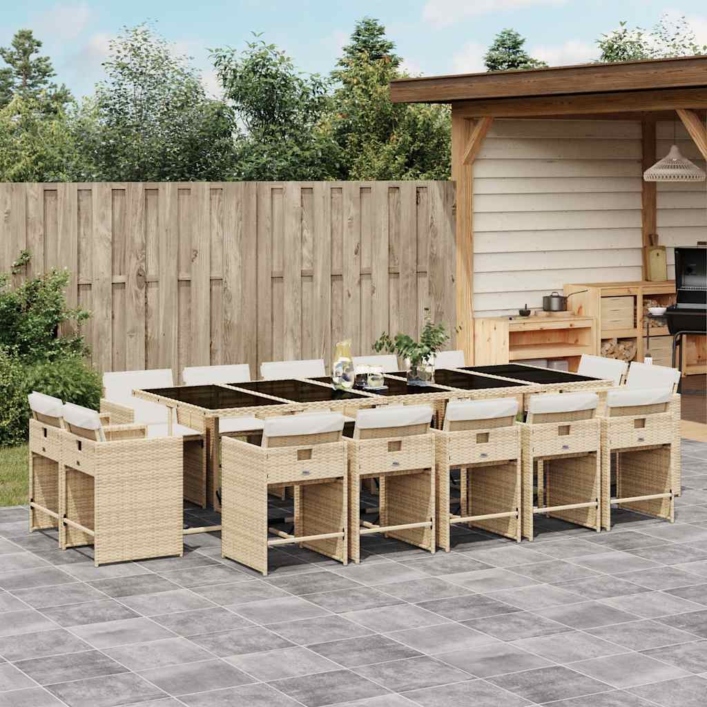 15 Pcs conjunto de jantar p/ jardim com almofadões vime PE bege