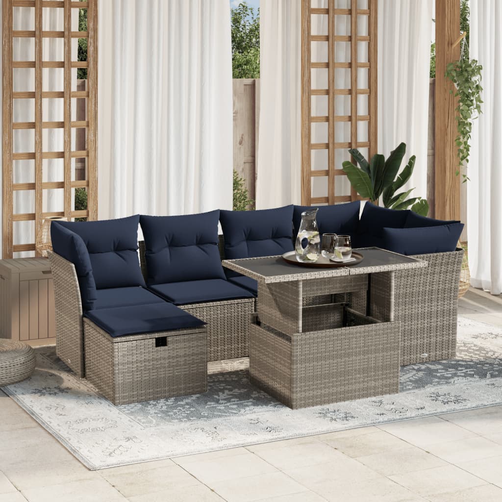 Conjunto de sofá de jardim com 7 peças e almofadas em rattan sintético cinza