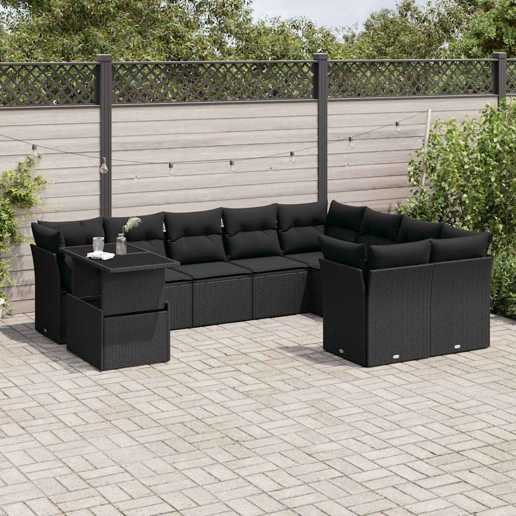 10 Pcs conjunto sofás de jardim c/ almofadões vime PE preto