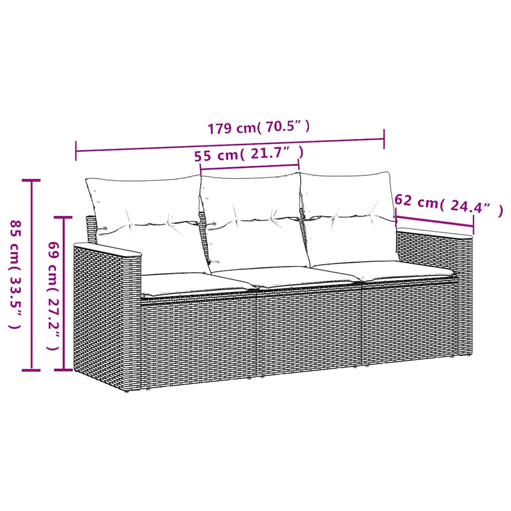 3 Pcs conjunto sofás de jardim com almofadões vime PE preto