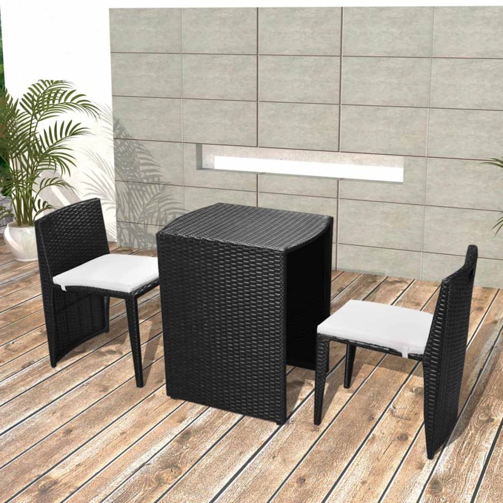 3 Pcs conjunto bistrô com almofadas vime PE preto