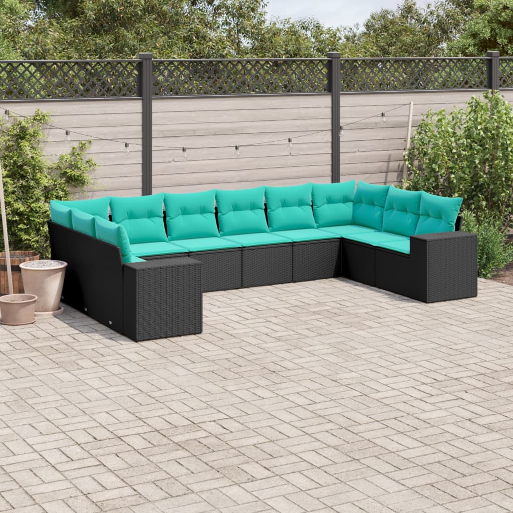 Conjunto de sofá de jardim com 10 peças e almofadas em rattan sintético preto